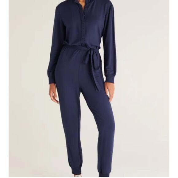 Z Supply Pants - Z Supply Riley Relaxed Stretch Knit Blue Long Sleeve Jumpsuit Sz M